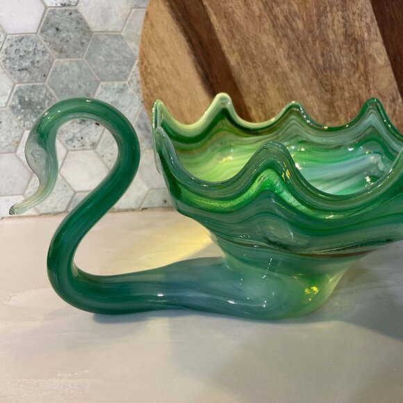 MCM Vintage Murano Style Handblown Glass Swan Bowl/Vase Shades of Blueish Green - Picture 4 of 5